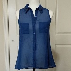 Blue Sheer Sleeveless Button Down Blouse Small